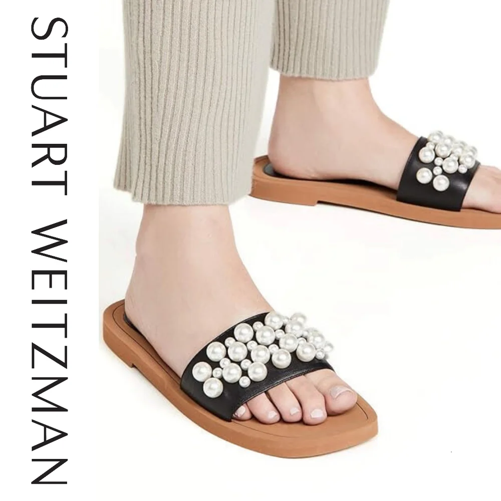 Stuart Weitzman Goldie Faux Pearl-Studded Leather Slides Size 9 Authentic - Picture 6 of 9